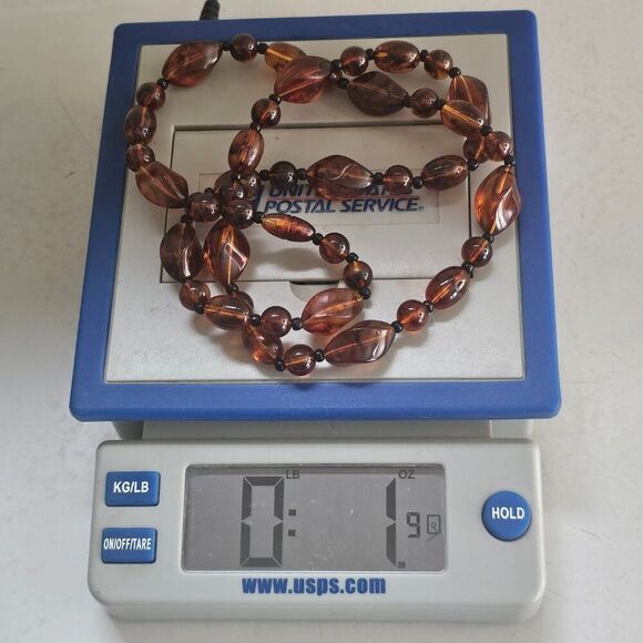 Vintage Long 30.5" Faux Cognac Amber Necklace Chunky Bead Marbled Plastic Brown - Picture 10 of 11